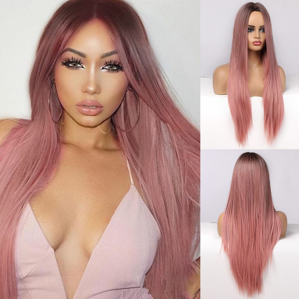 Pink with Dark Roots Wig Natural Silky Straight Wig without Bangs Glueless Layered hairstyle Synthetic Hair Wig for Women Daily Dress