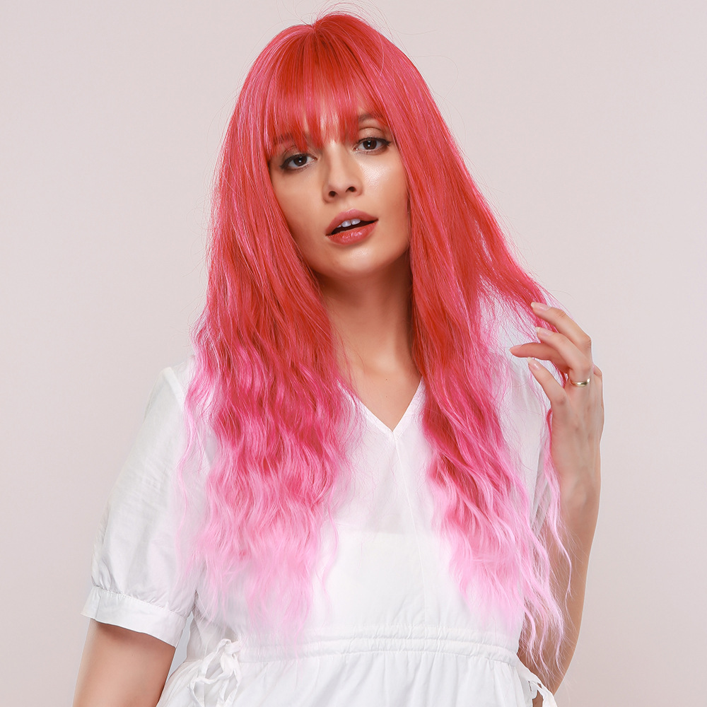 Ombre Red to Light Pink Natural Long Wave Wigs With Bangs Heat Resistant Synthetic Wigs Halloween Wigs for Women