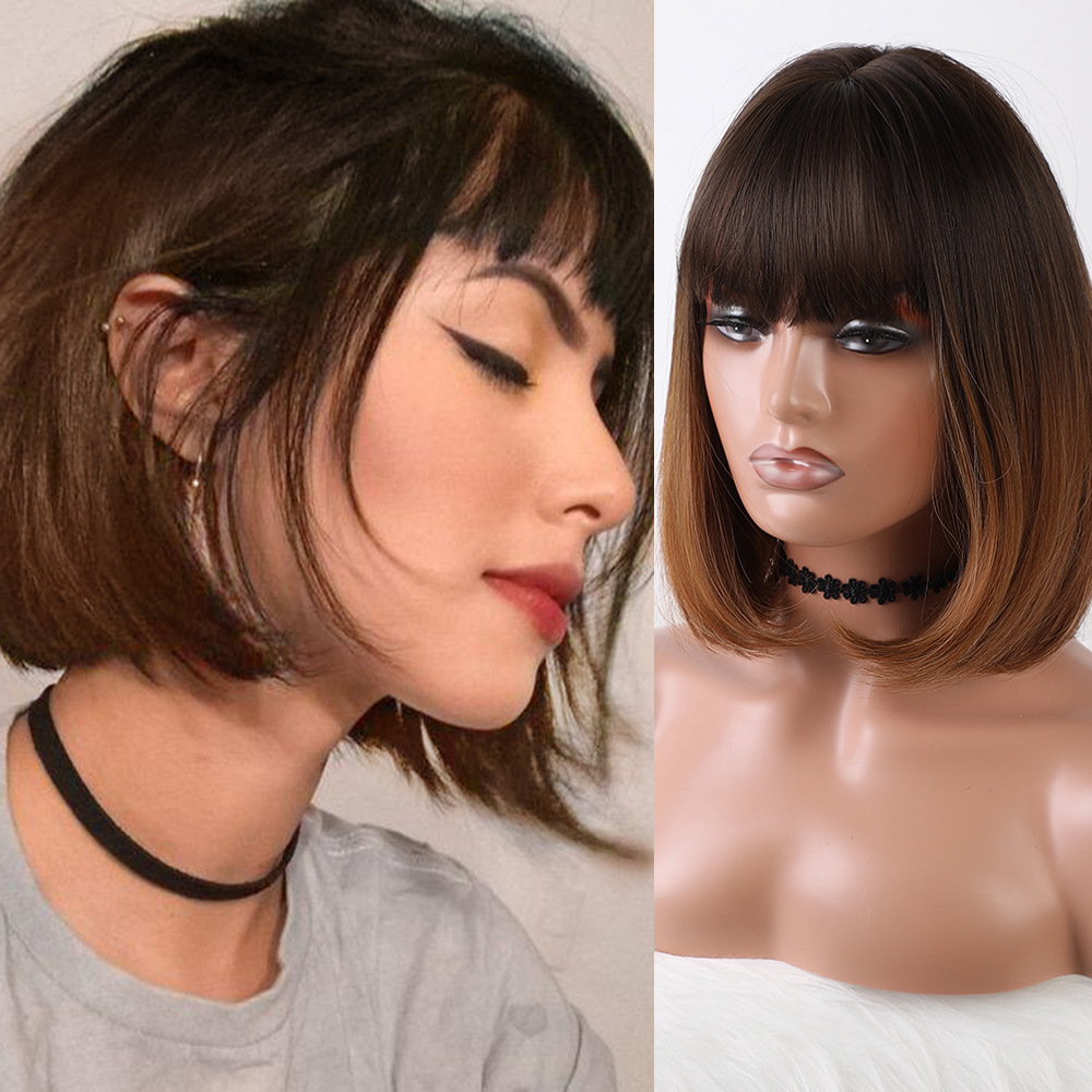 2 Tone/Ombre Bob Wigs Chin Length Straight with Bangs Synthetic Blonde Wig Full Head Wig Glueless Capless Wigs for Women