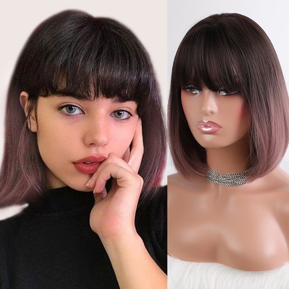 Browm to Pink Bob Wigs Chin Length Straight with Bangs No Parting Hair Replacement Synthetic Women Full Wig Daily Wear for Women