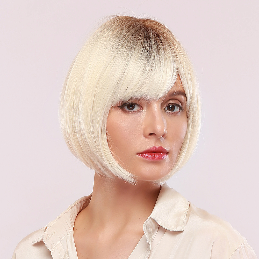 Grey Bob Wigs with Dark Roots Chin Length Straight White Synthetic Wigs with Bangs Capless Wigs for Women Daily Wear