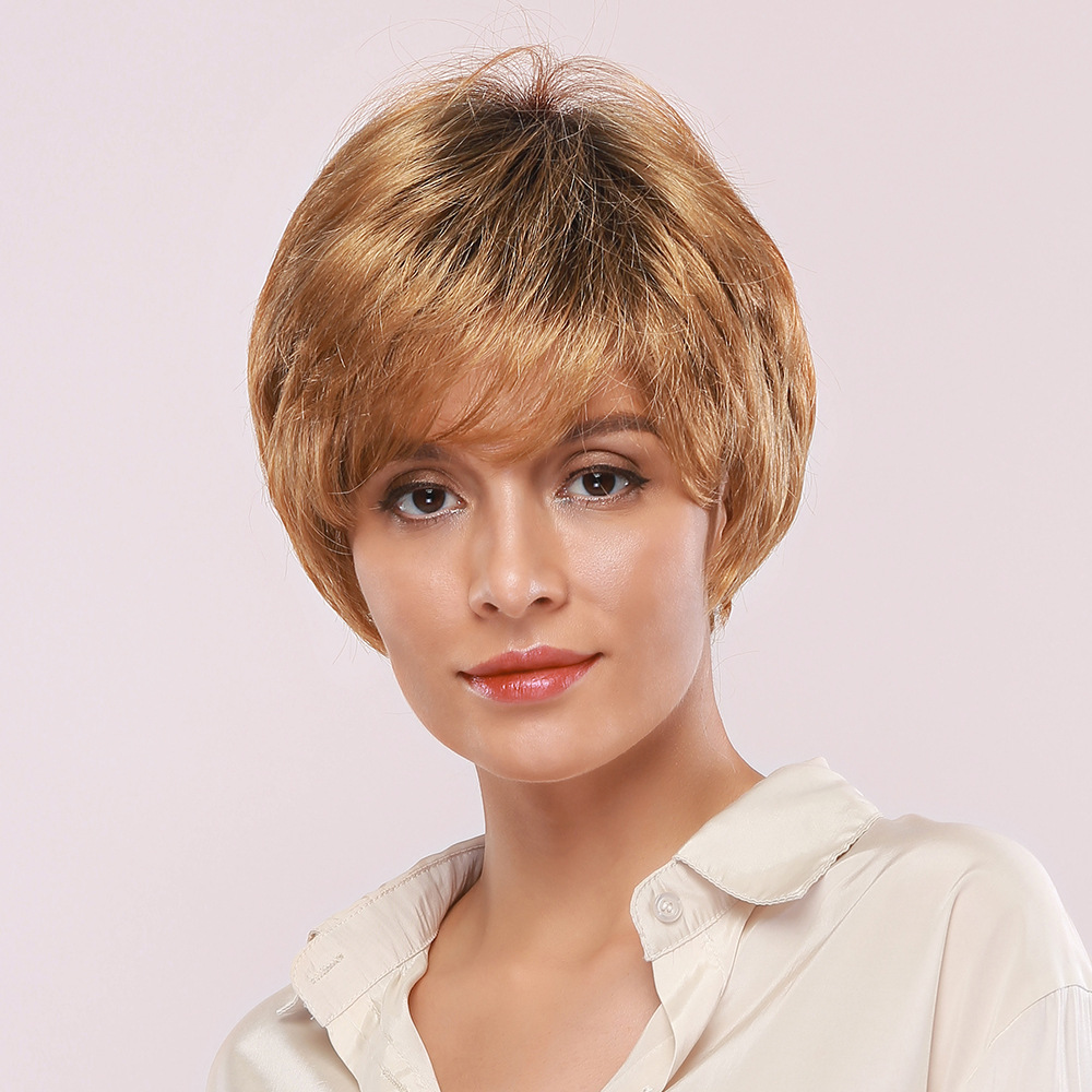 Blonde Bob Wigs with Dark Roots Short Pixie Cut Wigs for Women Straight No Parting Heat Resistant Synthetic Wig for Daily Wear