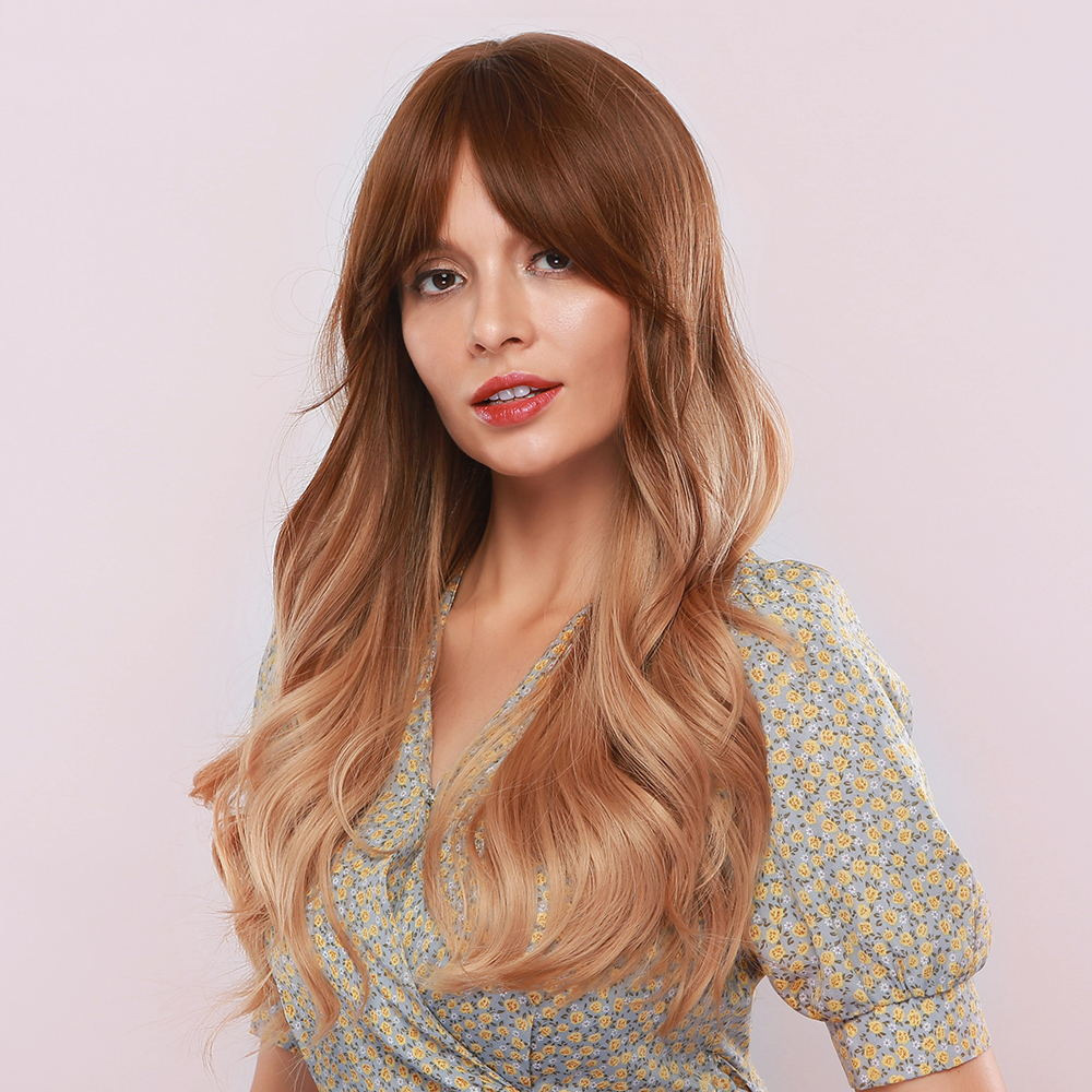 Ombre Dark Brown to Light Brown Long Body Wavy Synthetic Wig with Fringe Heat Resistant Hair Wig