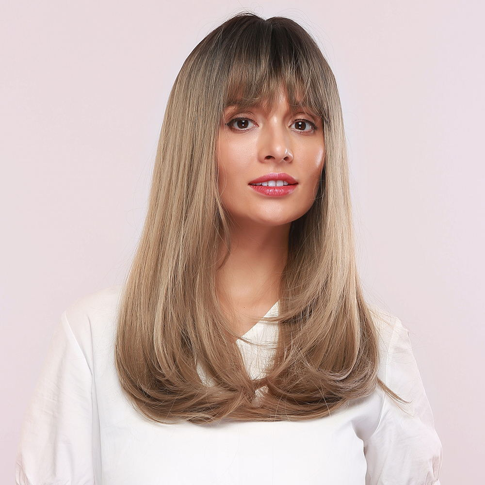 Blonde Wig with Black Roots Long Straight layered Synthetic Wig with Bangs Heat Resistant Hair Wig