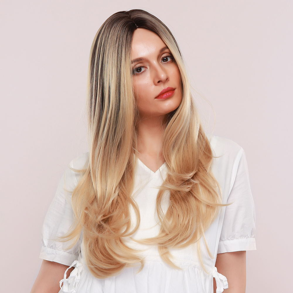 Shiny Blonde Wig with Dark Brown Highlights Long Wave Synthetic Wig Middle Parting Heat Resistant Hair Wig