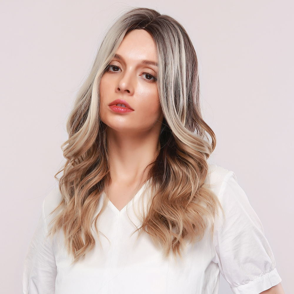 Ombre Brown with Highlights Long Wave Synthetic Wig Middle Parting Heat Resistant Fashion Hair Wig