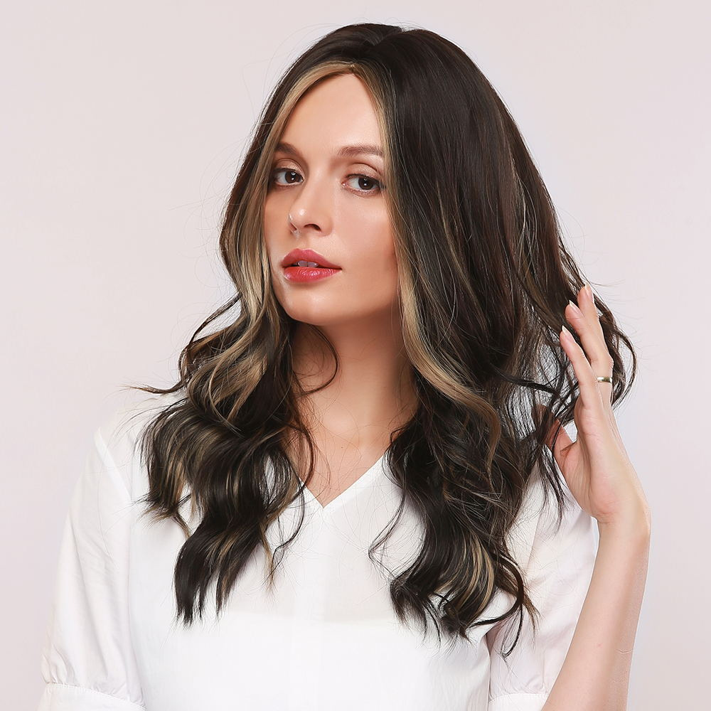 Natural Black with Brown Highlights Long Loose Wave Synthetic Wig Middle Parting Heat Resistant Hair Wig