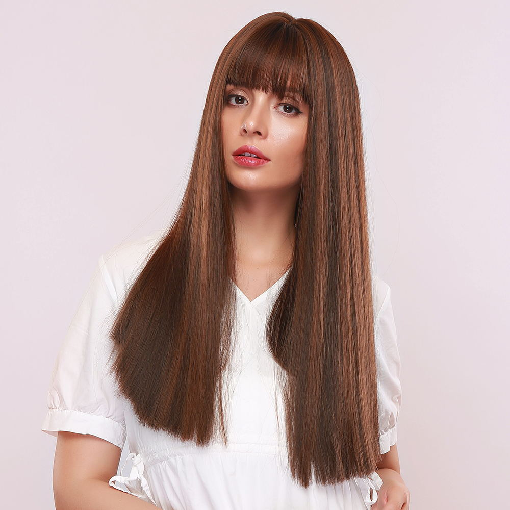 Natural Brown with Highlights Long Straight Synthetic Wig With Bangs Heat Resistant Hair Wig