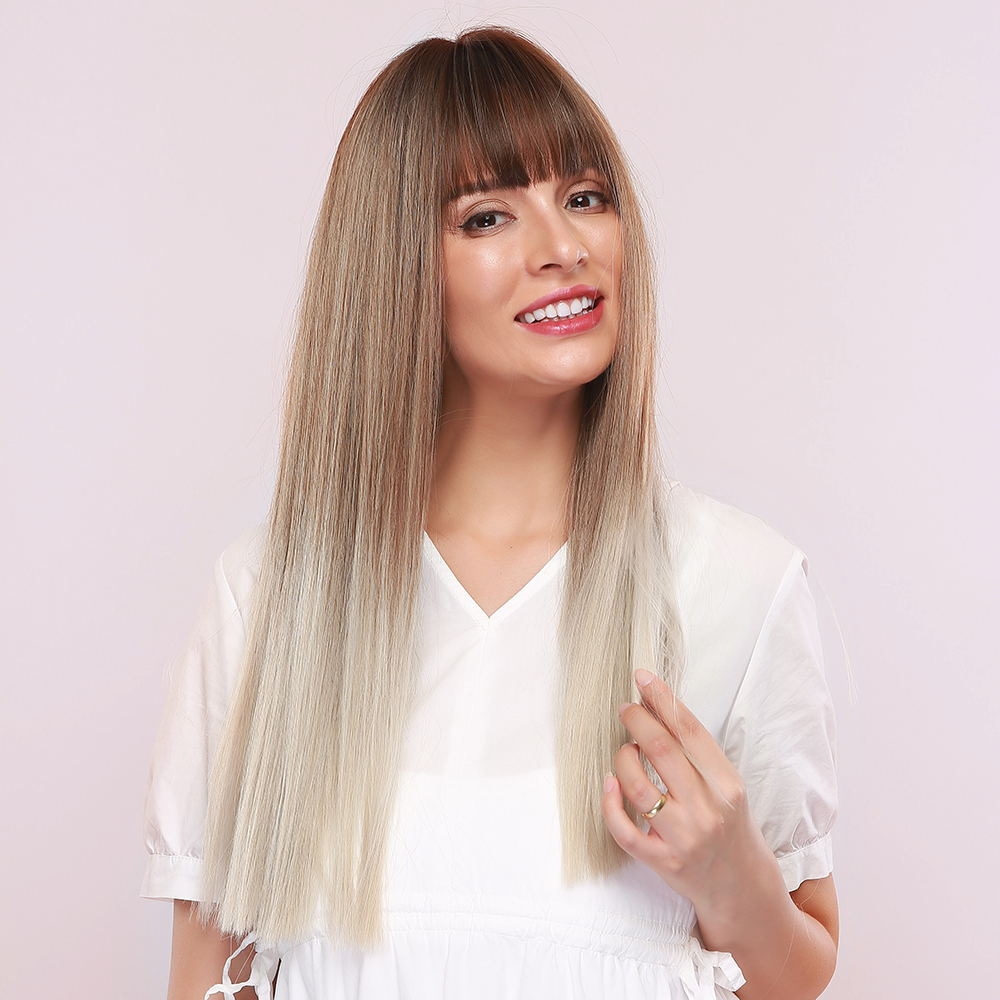 Ombre Platinum Blonde Wig with Dark Brown Roots Long Straight Synthetic Wig with Bangs Heat Resistant Hair Wig