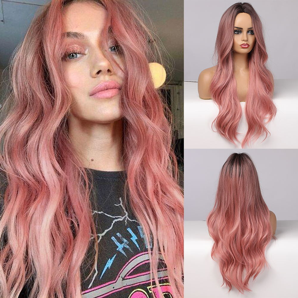 Pink Wig with Dark Roots Long Body Wavy Synthetic Wig Middle Parting Heat Resistant Hair Wig