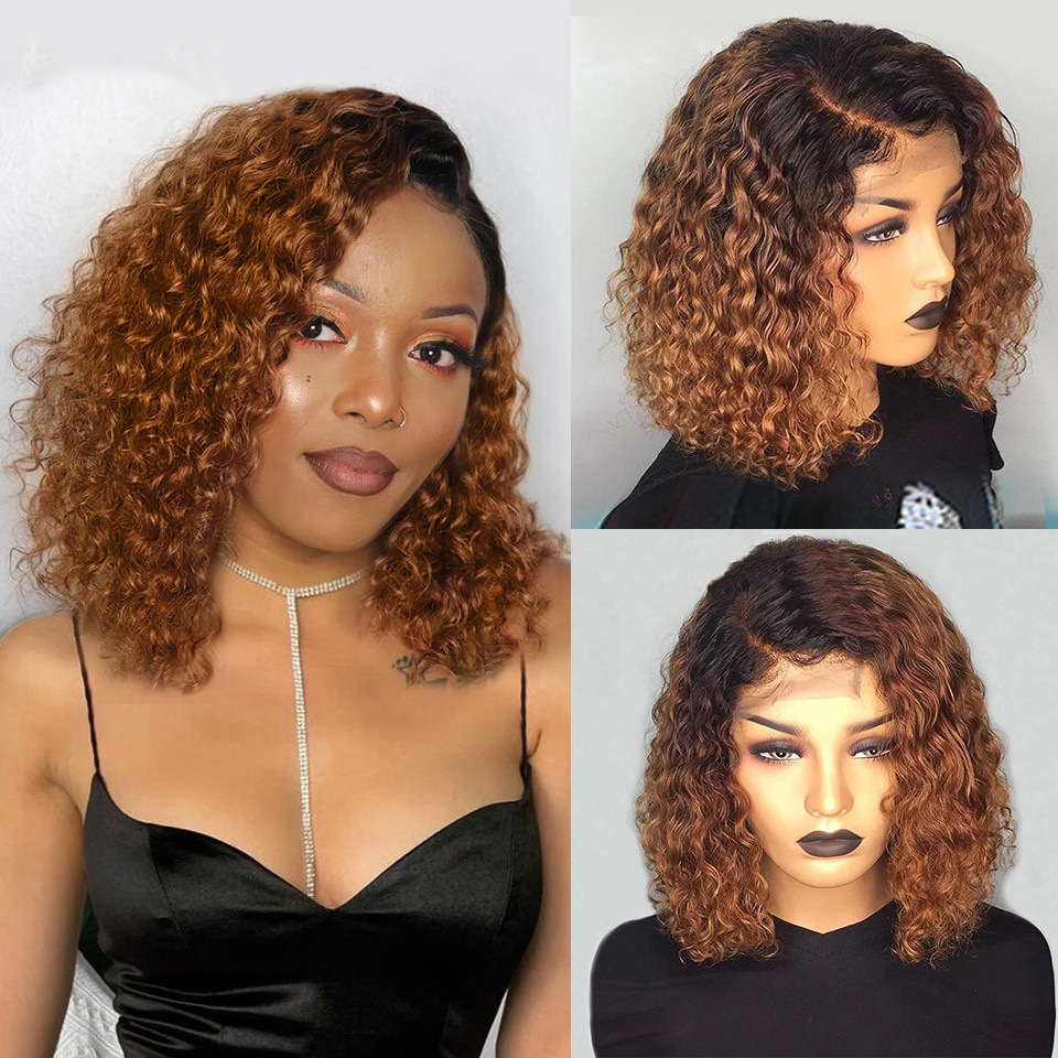 Brazilian Curly Human Hair Wig 4x4 Lace Front Wig Ombre Highlight Invisible Wigs