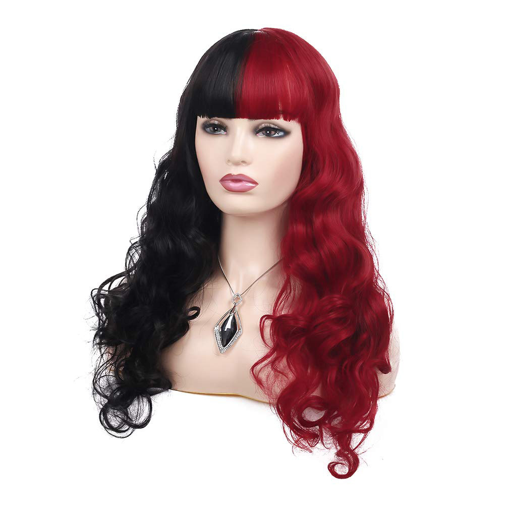 Half Black Half Red Wig Long Curly Wavy Bangs Halloween Costume Cosplay Wig For Women
