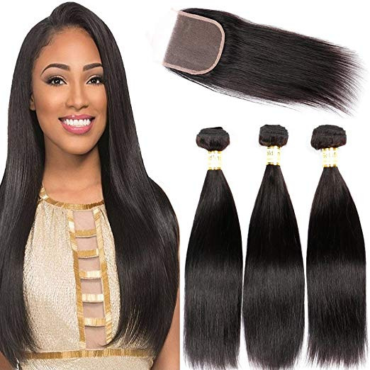 Best Straight Virgin Hair Weave 3 Bundles With 1 Lace Closure Natural Color