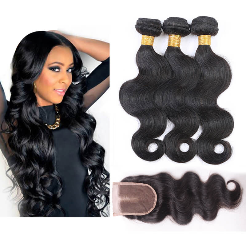True Virgin Hair Body Wave Hair 3 Bundles With 1 Lace Closure Natural Color