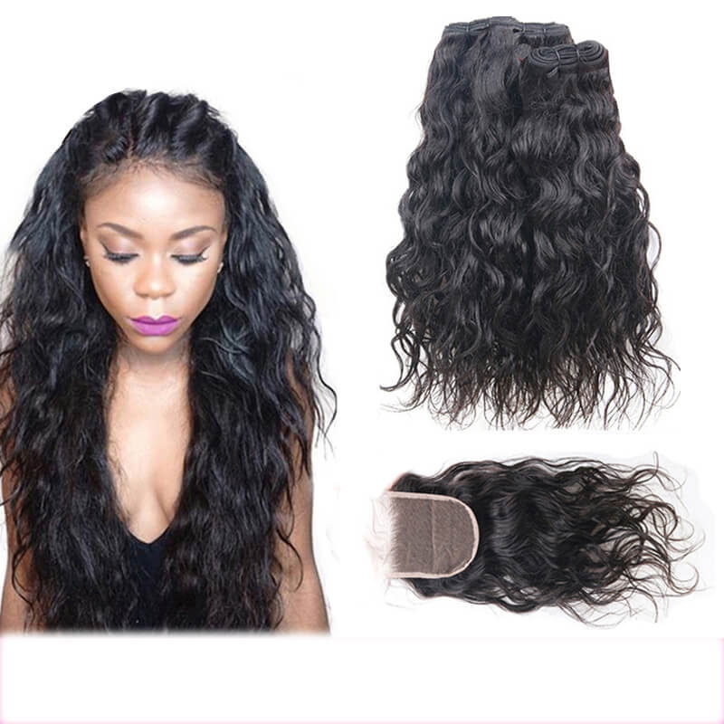 Brazilian Water Wave Virgin Hair 3 Bundle With 1 Closure 100% Human Hair Natural Black Color