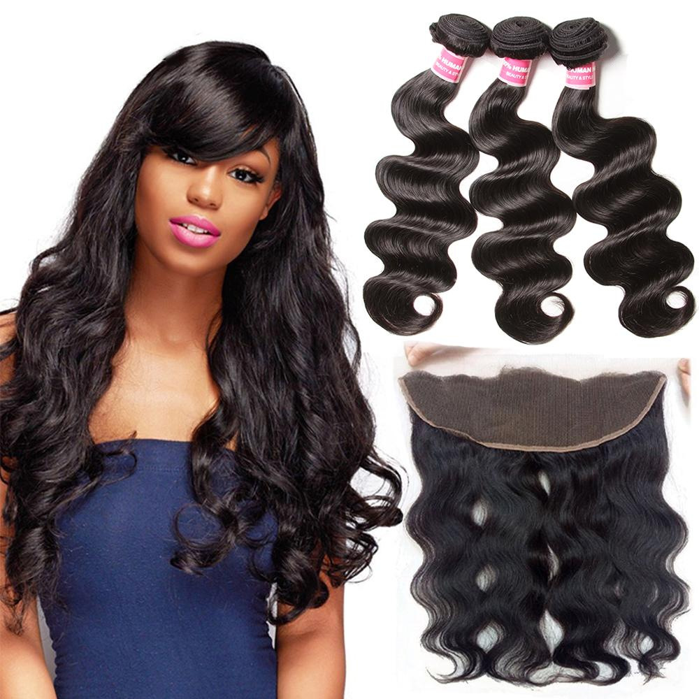Indian Body Wave 3 Bundles Virgin Human Hair With 13*4 Frontal Lace Closure Free Part