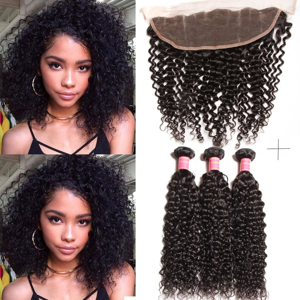 Virgin Brazilian Curly Hair Weave 3 Bundles With 13*4 Lace Frontal Free Part