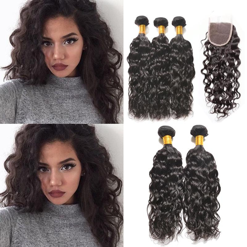 Beauty Brazilian Water Wave Human Hair 3 Bundles With A Closure Natural Black Color