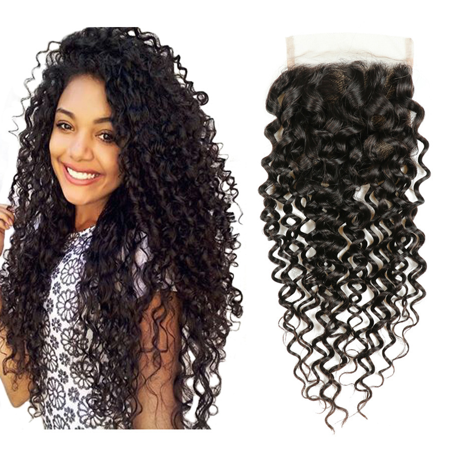 Curly Hair Closure 4*4 Free Part Remy Human Hair Curly Wave Top Lace Closure With Baby Hair And Bleached Knots Naturl Black
