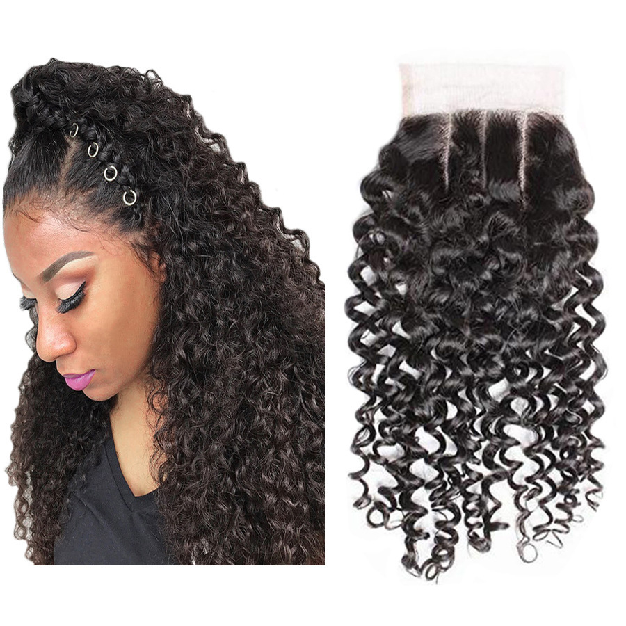 Kinky Curly Hair 4*4 Lace Closure 3 Part Remy Human Hair Natural Black Color